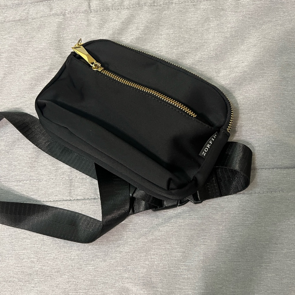 Black Crossbody Sling Bag with Gold Zippers - Picture 2 of 5